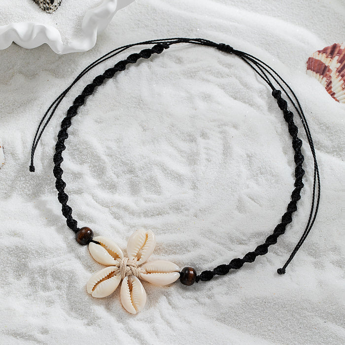 Wholesale Vacation style shell weaving flower wood bead rope weaving adjustable necklace accessories