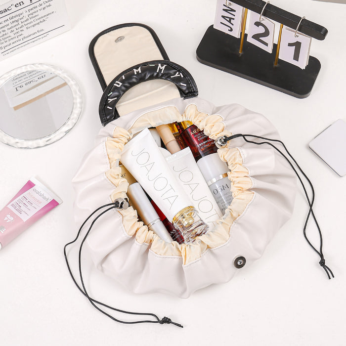 Wholesale PU Pink Cylindrical Cosmetic Bag Light Luxury Drawstring Travel Makeup Pouch For Women