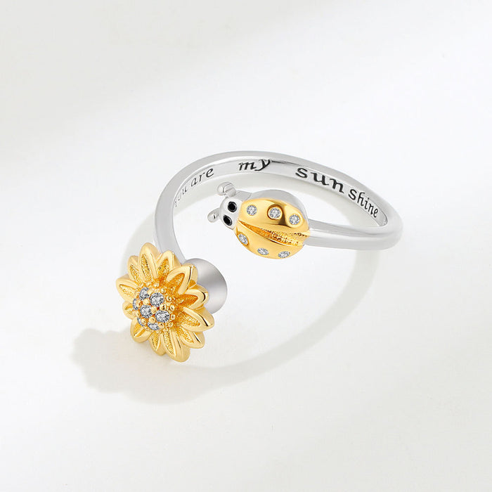 Wholesale Trendy Sunflower Ladybug Adjustable Ring White Gold Tone Copper Electroplated Finish Creative You Are My Sunshine Jewelry Accessory For Women