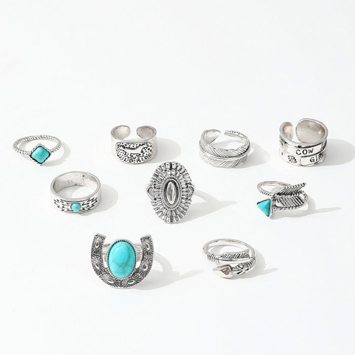 Wholesale Western cowboy retro style turquoise ancient silver arrow feather horse ring multi-element imitation gemstone ring for women