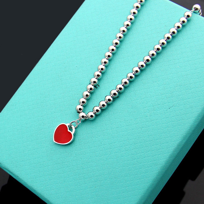 Wholesale Heart Necklace Sterling Silver Red Heart Dripping Oil Enamel Blue Clavicle Chain Double Heart-Shaped Pendant