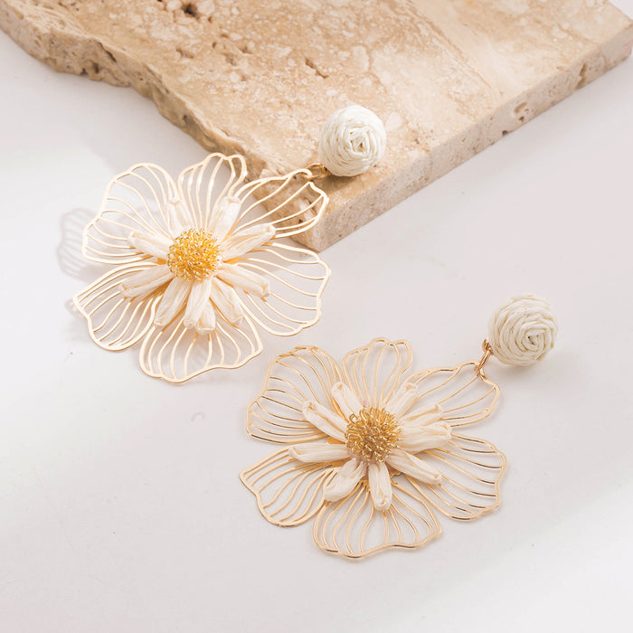 Wholesale Raffia Flower Earrings Yellow Alloy Jewelry Accessory Gift Boutique