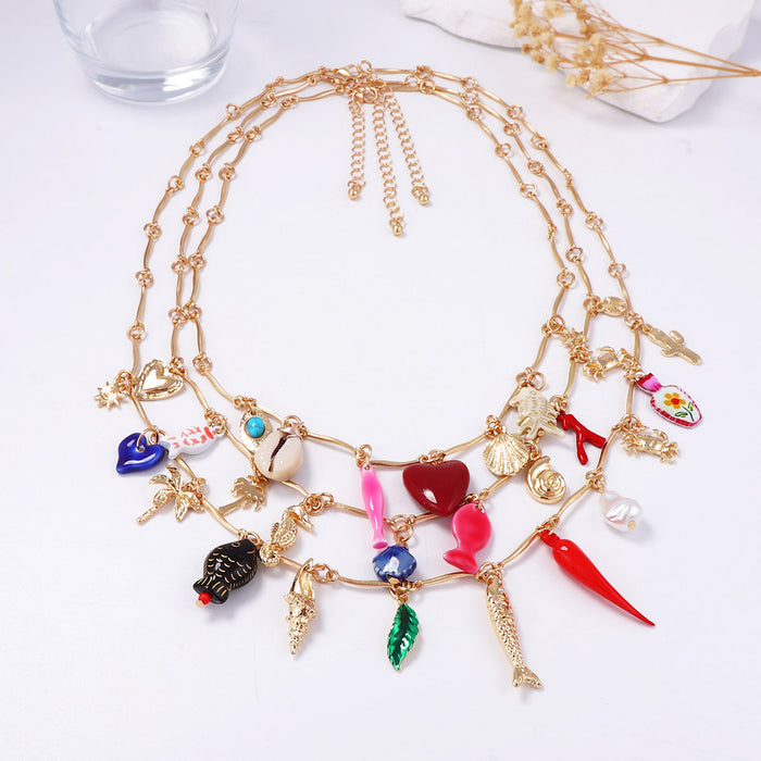 Wholesale Small Fish Heart Geometric and Other Pendants Multi-Layered Necklace for Women