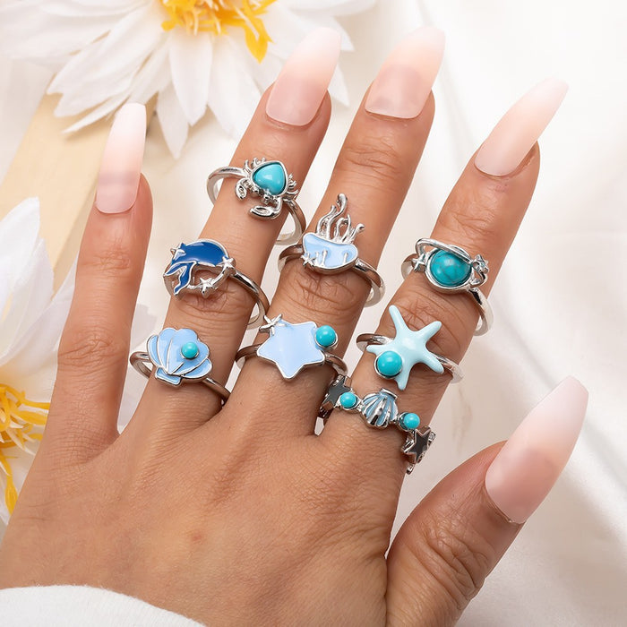 Wholesale Ethnic Style Retro Turquoise Carved Feather Ring Fashionable and Personalized 8-Piece Combination Ring Set
