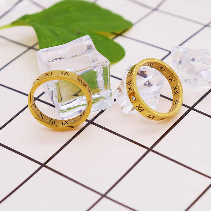 Wholesale Titanium steel Roman numeral ring with diamond inlay, hollowed out couple's ring, men's and women's letter index finger ring