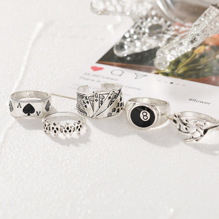 Wholesale Dark Retro Creative Spades a Card Ring Five-Piece Set Women' s Personalized Hand Accessories National Show Aliexpress Hot Selling