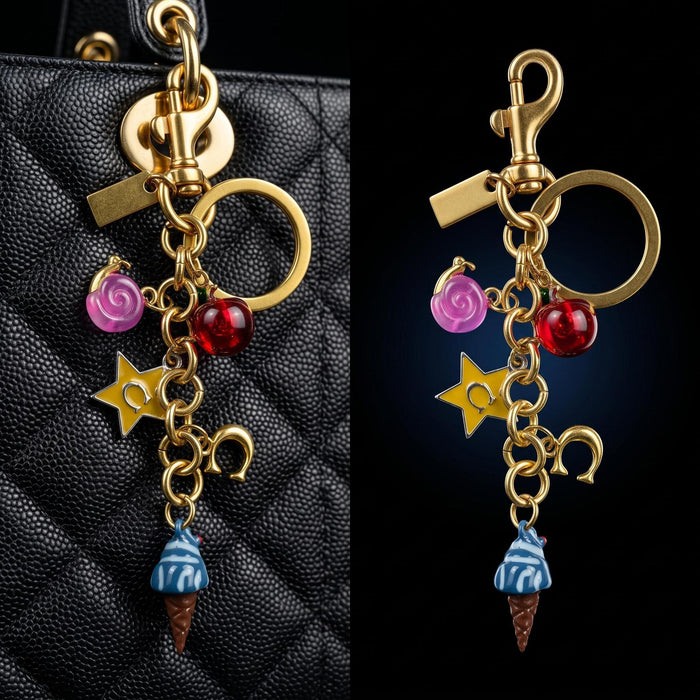 Wholesale Alloy Fruit Ice Cream Bag Charm Keychain Gold Silver Star Pendant Trendy Fashion Accessory Gift Resale
