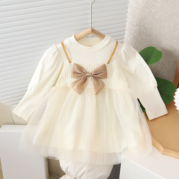 Wholesale Girls Autumn Dress Small Children's Hepburn Style Fashionable Dress Little Girl Puff Sleeve Bow Mesh Skirt JDC-CTS-MianY014