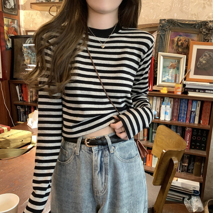 Wholesale Contrast color striped long-sleeved T-shirt women's casual slimming bottoming shirt short top