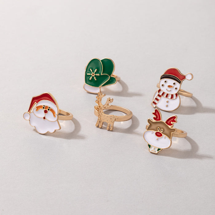 Wholesale Stylish Christmas Ring Set 5-Piece Santa Elk Snowman Design Alloy Gold Jewelry Accessory MOQ≥2