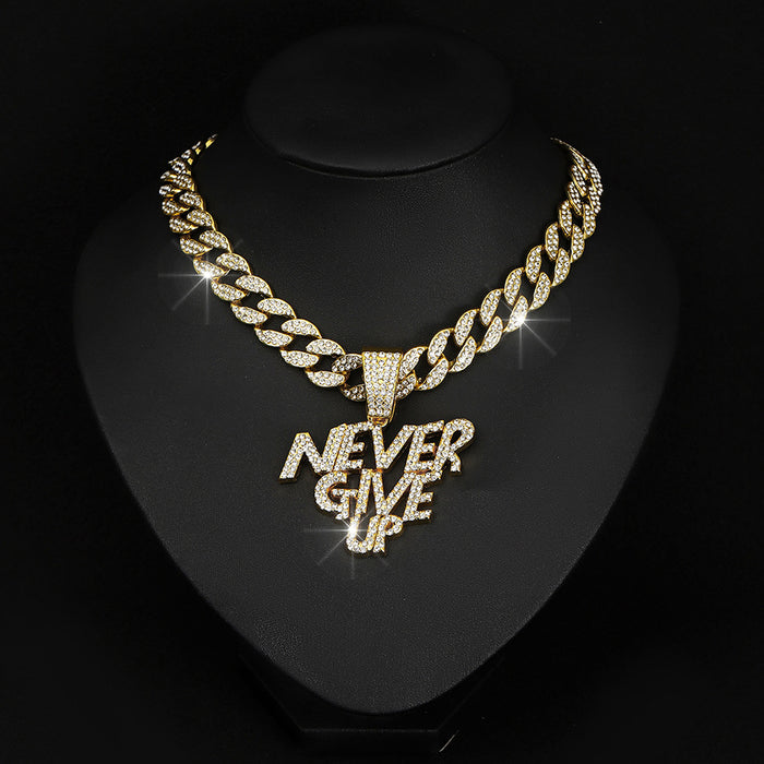 Wholesale Alloy Letter NEVERGIVEUP Punk Style Pendant Full Diamond Super Men's Cuban Chain