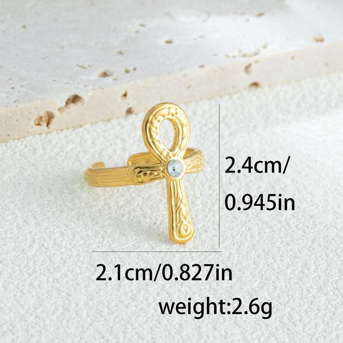 Wholesale Key of Life Anka Cross Open Ring Diamond Stainless Steel Ring