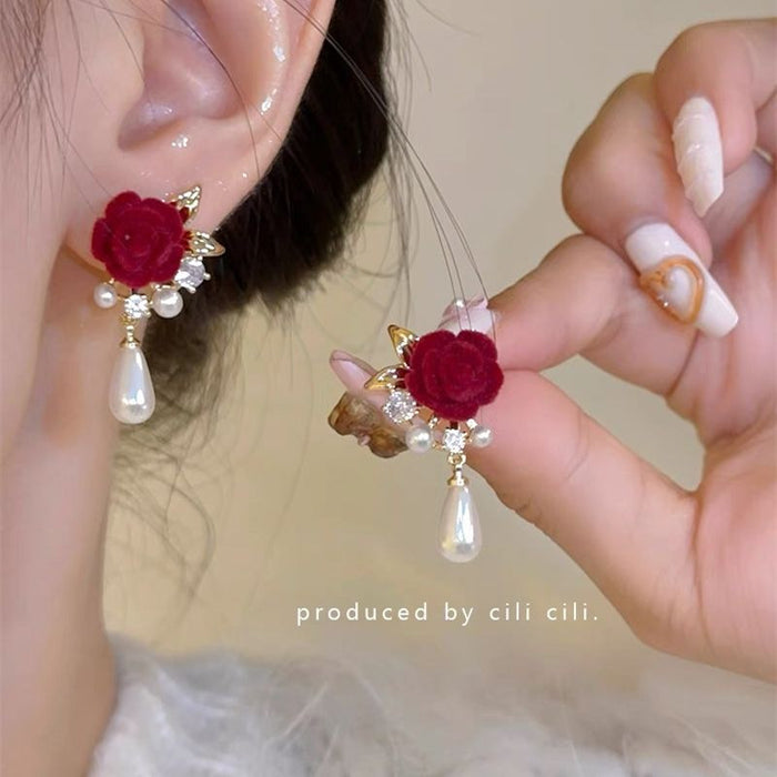 Wholesale  wine red velvet rose pearl earrings  earrings