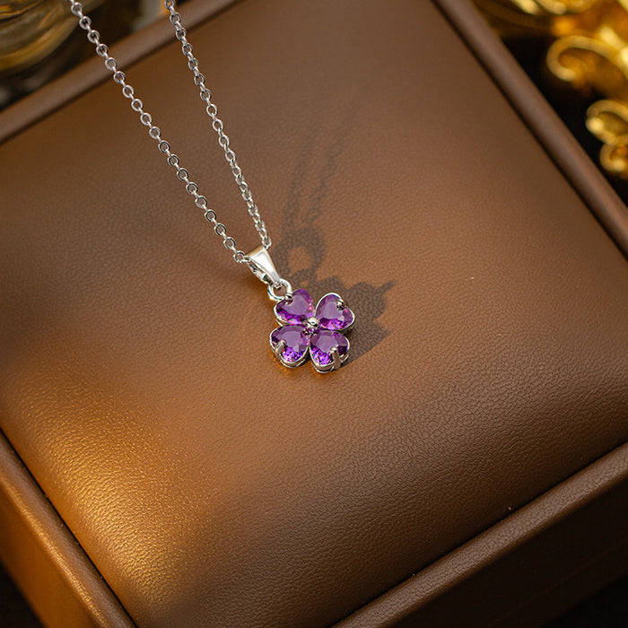 Wholesale Copper-set zircon four-leaf clover colored Titanium steel pendant necklace and earring set