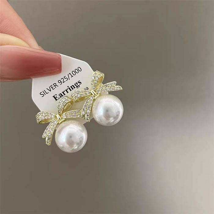 Wholesale Full Diamond Bow Pearl Earrings Female