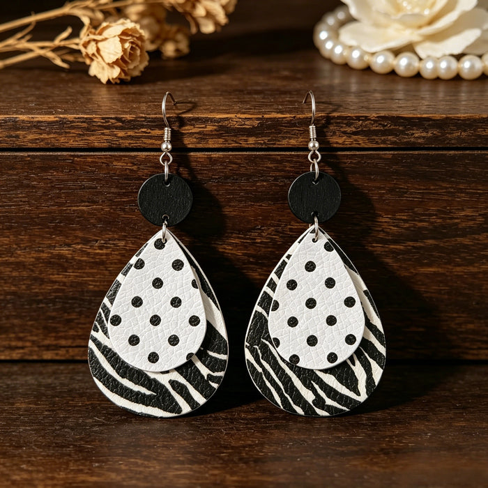 Wholesale Retro Zebra Drop Earrings Double Layer Leather Jewelry Accessory