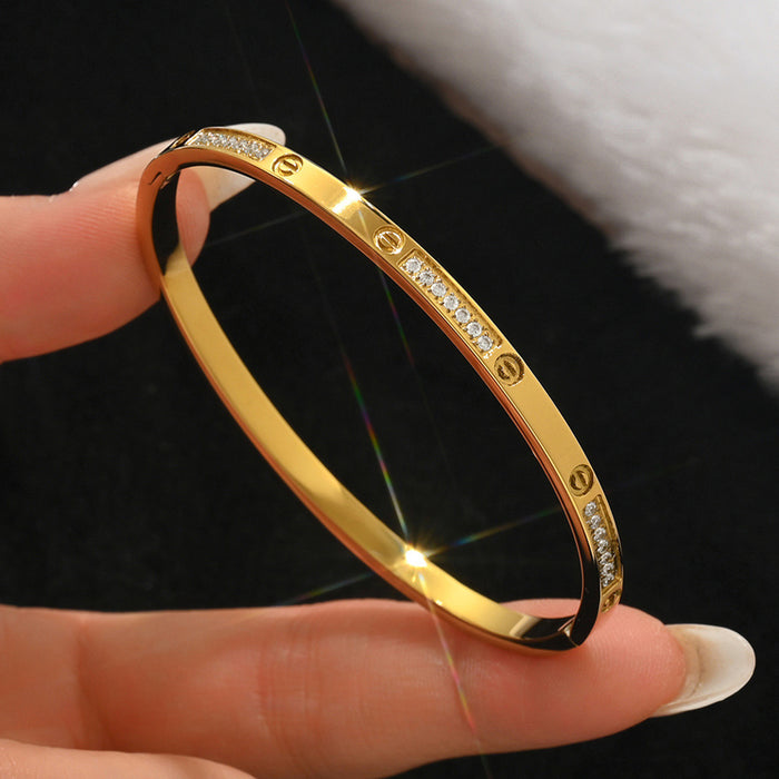 Wholesale Stylish Gold Bangle With Rhinestone Row Titanium Steel Bracelet Jewelry Accessory For Party Boutique Resale