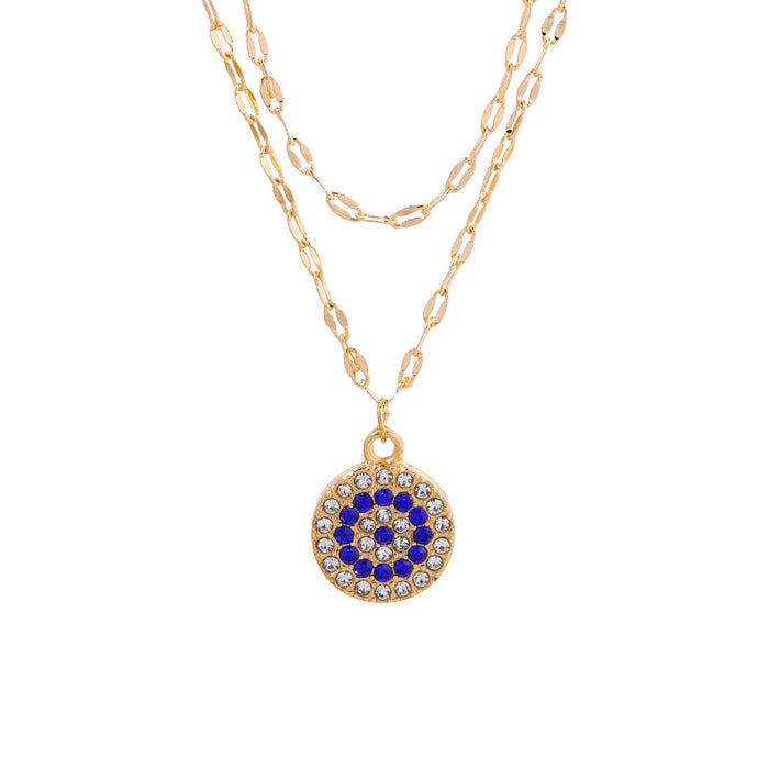 Wholesale Crystal new gold-plated Devil's Eye double-layer necklace, fashionable and personalized alloy pendant, sweater chain