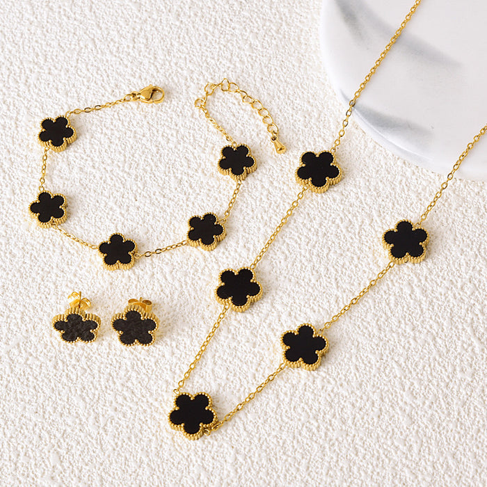 Wholesale Stainless Steel Five-Leaf Clover Bracelet Necklace Earring Set