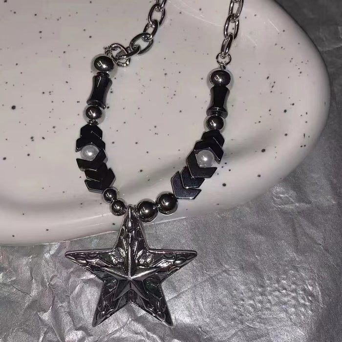 Wholesale Vintage silver bead necklace, simple, neutral, high-end pentagram pendant accessory