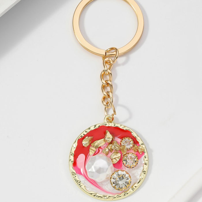 Wholesale Alloy Round Plate Inlaid Diamond Pearl Keychain JDC-KC-RongRui067