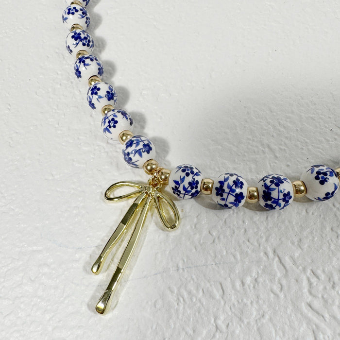 Wholesale Chinese Style Blue White Porcelain Ceramic Bead Butterfly Bow Necklace Fashion Accessory MOQ≥5