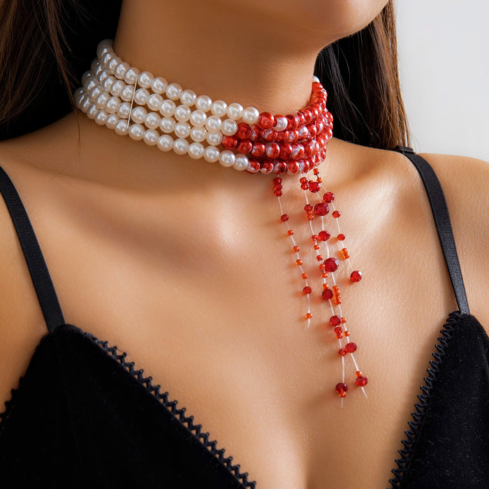 Wholesale jewelry round beads necklace vintage gothic style blood drop tassel imitation pearl necklace