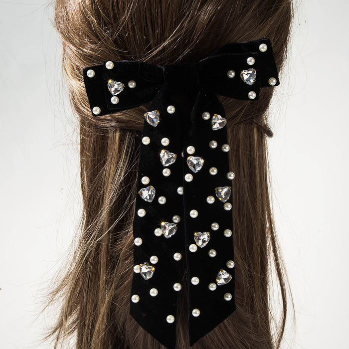 Wholesale Multi-layered bow-embellished heart-shaped rhinestone velvet hair clip