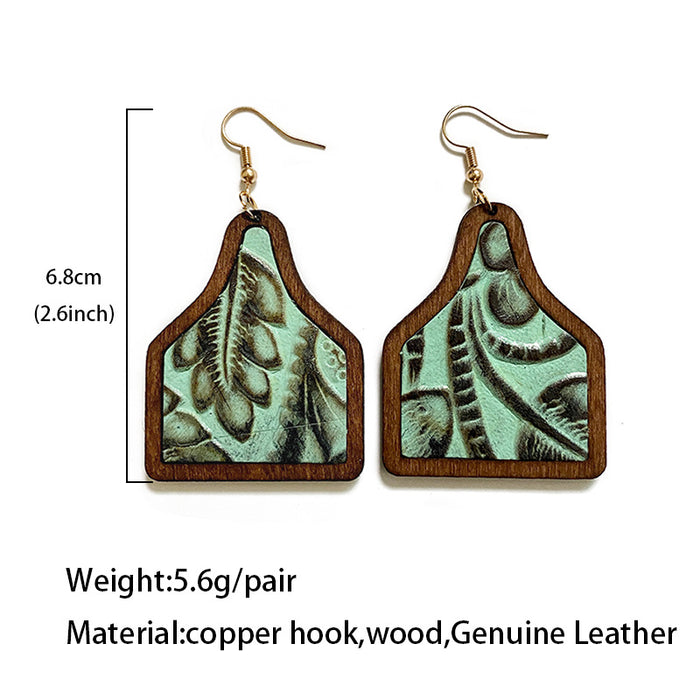 Wholesale Genuine leather earrings cowhide embossed cow brand cactus inlaid Western retro wood earrings