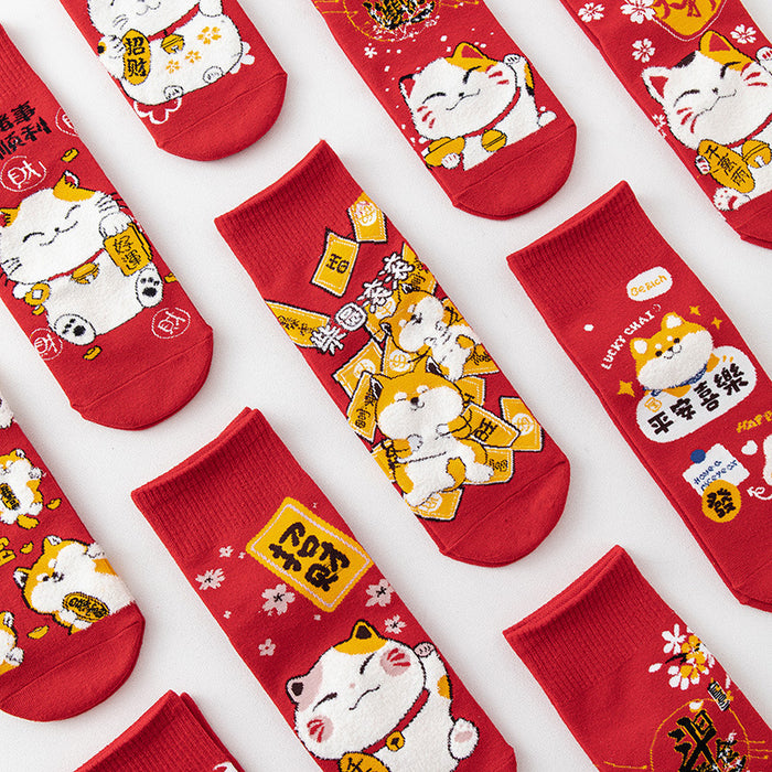 Wholesale Socks for men and women mid-tube socks cotton bottom festive red stockings new year gift lucky cat socks