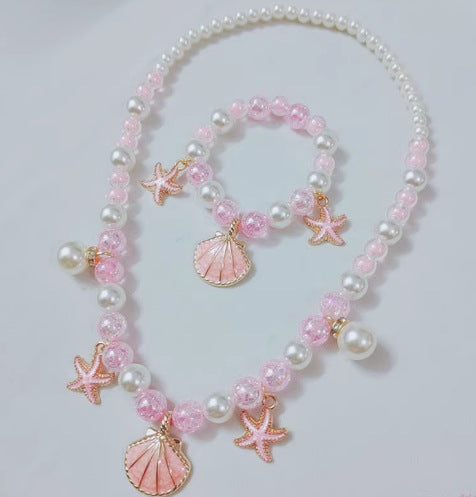 Wholesale children princess bow shell pearl necklace suit