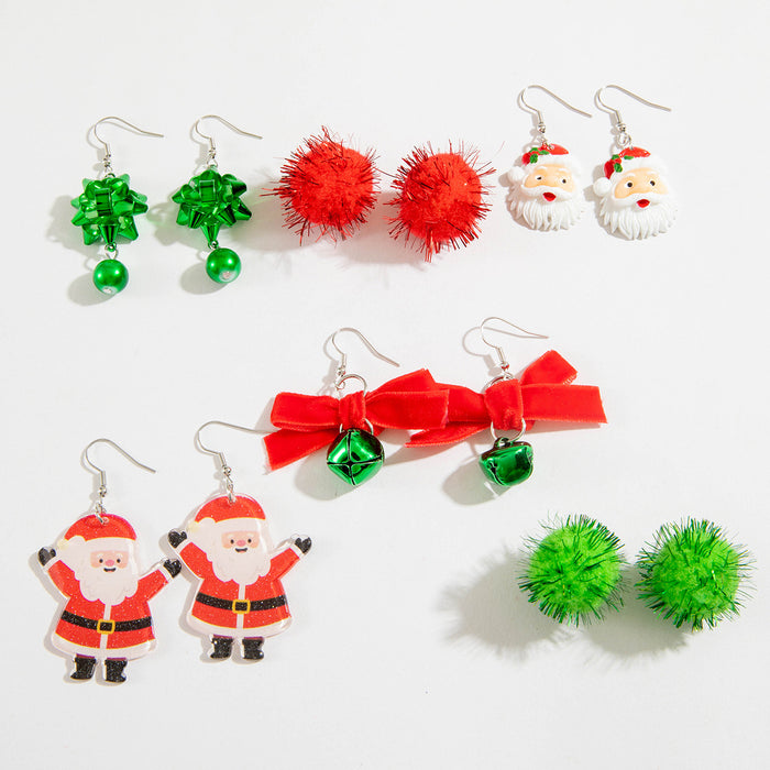 Wholesale Christmas Santa Bell Pom-Pom Earring Set 6-Piece Alloy Iron Fashion Jewelry Gift MOQ≥2