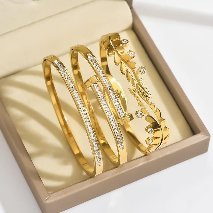 Wholesale Stainless Steel Botanical-Themed Gold-Tone Bangle Set with Rhinestones