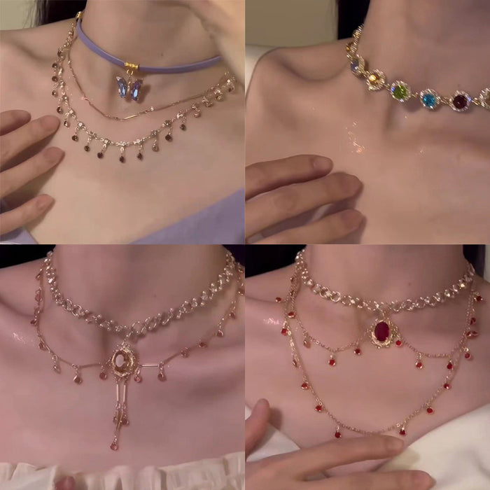 Wholesale Butterfly tassel necklace, double-layer layered versatile heart pendant, collarbone chain