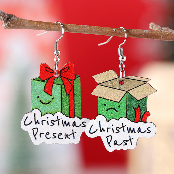 Wholesale Christmas gift box earrings,  vintage wooden double-sided asymmetrical earrings