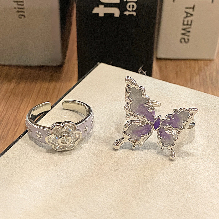Wholesale Butterfly ring full of diamonds and ice flowers, high-end and niche design, open-ended ring