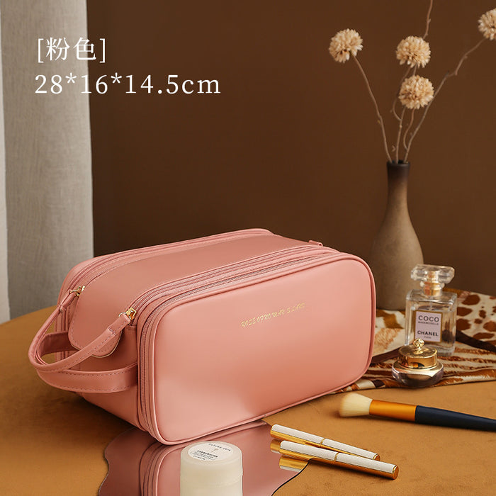 Wholesale PU Leather Large Capacity Double Zipper Cosmetic Bag Modern Minimalist Chic Travel Makeup Organizer