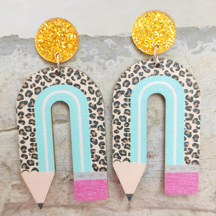 Wholesale 2 Pairs/Pack Wooden Printing Pencil U Shape Leopard Print Color Matching Earrings JDC-ES-HeYi072