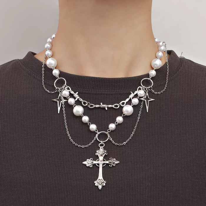 Wholesale Stacked Cross Pearl Long Necklace Niche Clavicle Chain