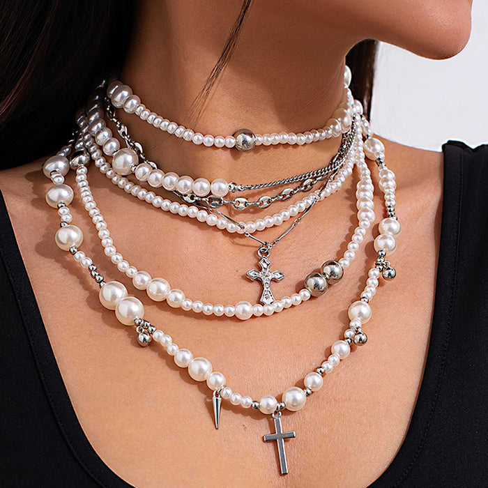 Wholesale Vintage multi-layer imitation pearl handmade necklace, personalized rivet pendant, accessory