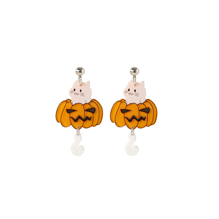 Wholesale Halloween Cute Pumpkin Monster Ghost Head Cat Ghost Tail Acrylic Printing Earrings JDC-ES-QingM002