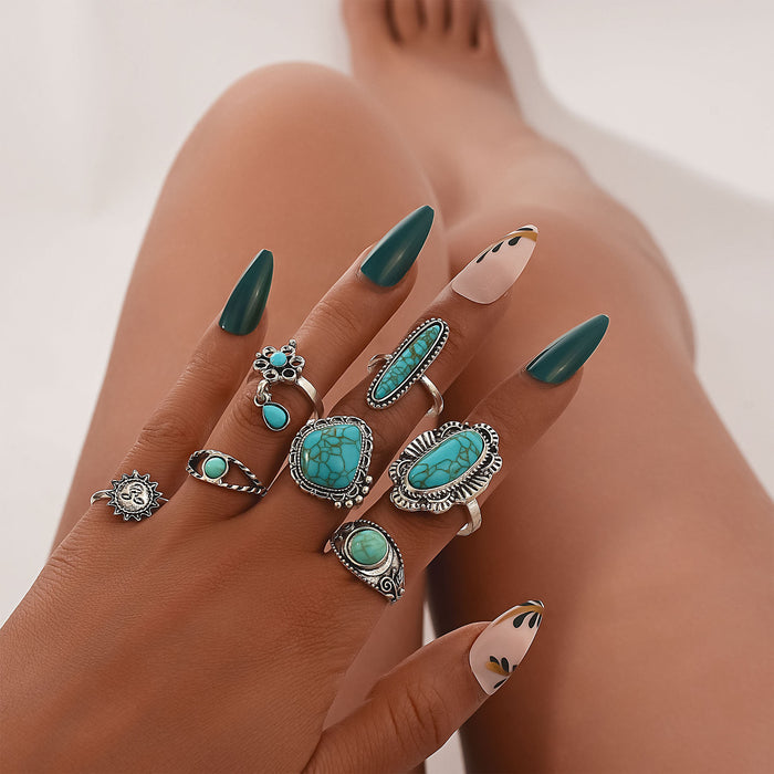 Wholesale retro personality turquoise 7 suit ring set