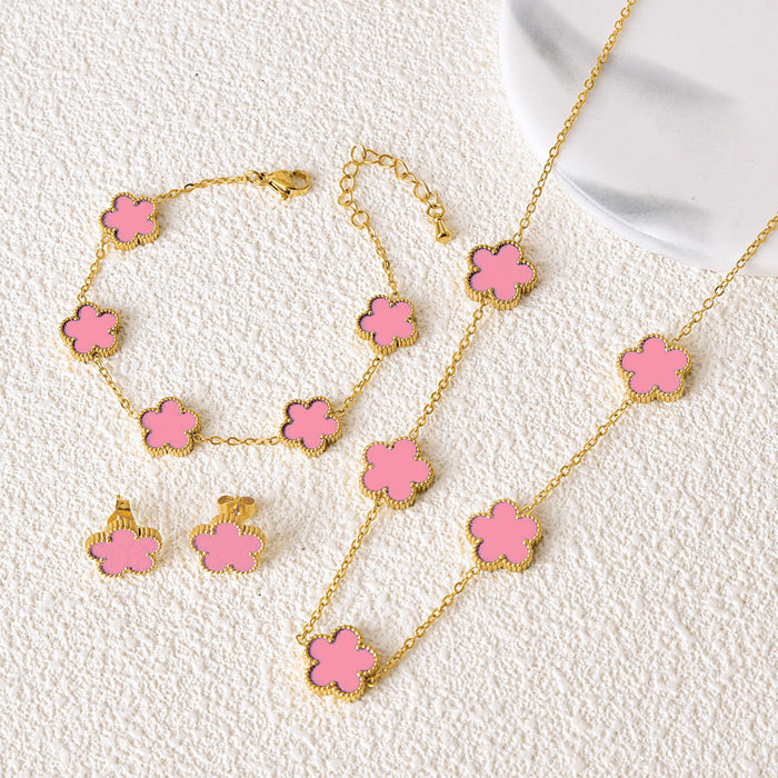 Wholesale Stainless Steel Five-Leaf Clover Bracelet Necklace Earring Set