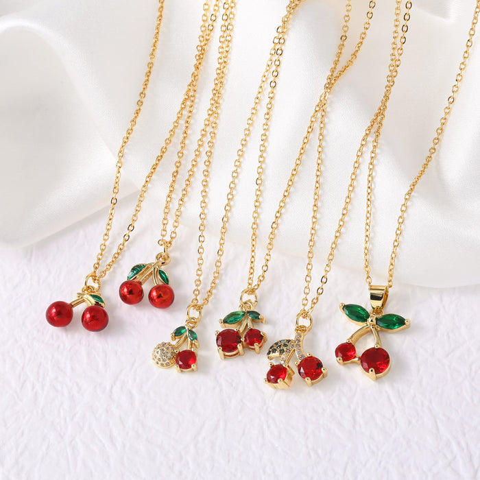 Wholesale Jewelry  Fruit Cherry Pendant Necklace Women Gold Plated Oil Drop Collarbone Chain