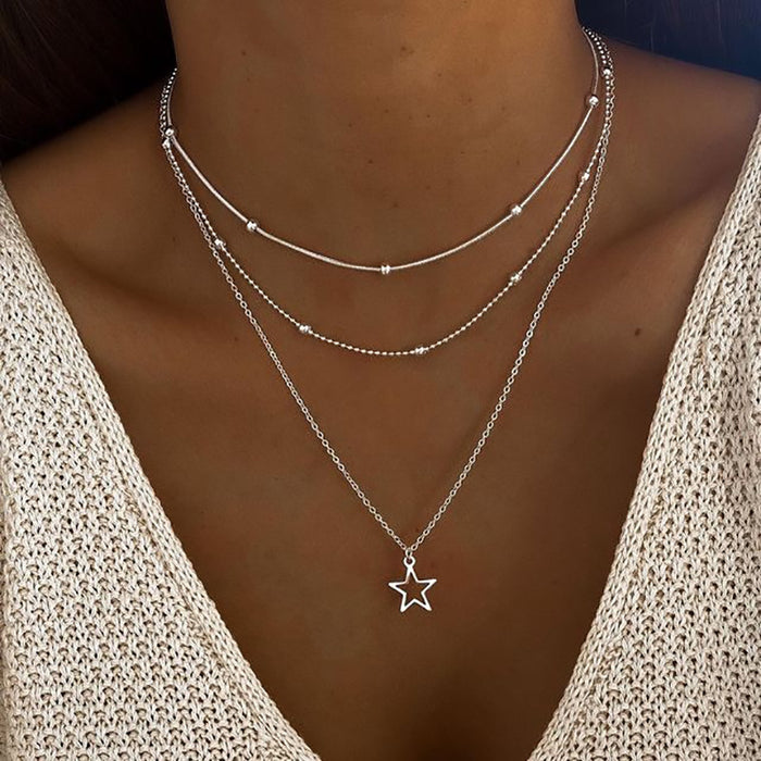 Wholesale hollow five-pointed star pendant necklace  multi-layered clavicle chain for women