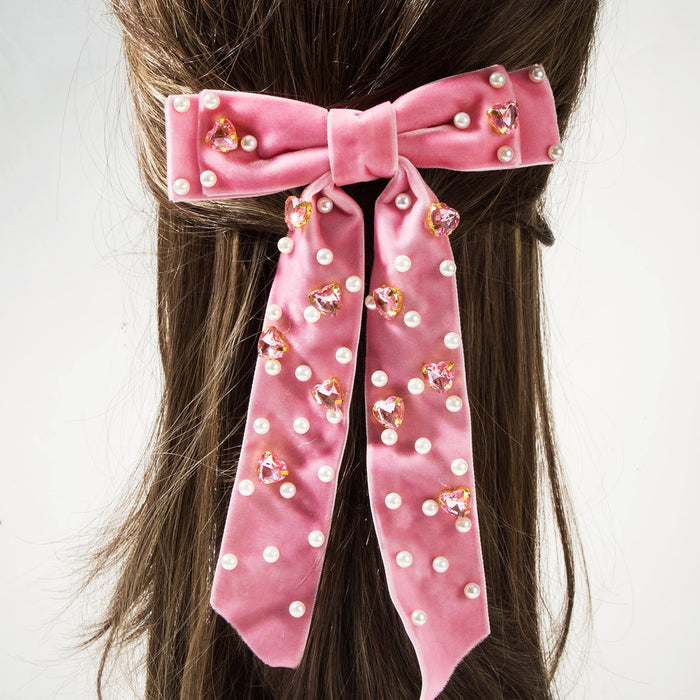 Wholesale Multi-layered bow-embellished heart-shaped rhinestone velvet hair clip