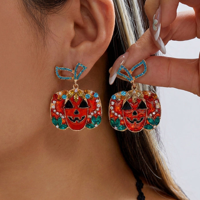 Wholesale Funny Cartoon Pumpkin Earrings Creative Graffiti Design With Pearl And Rhinestone Accents Women S Alloy Fashion Accessory