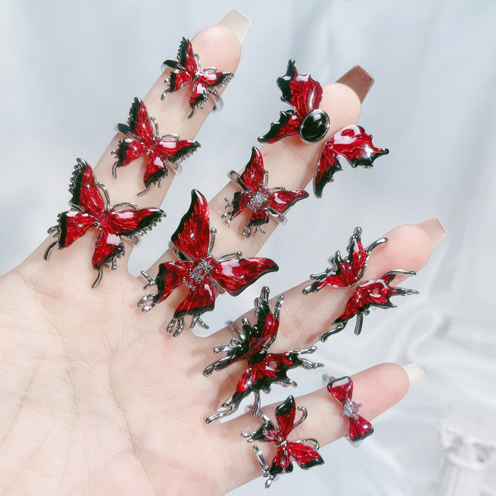 Wholesale Copper Red Enamel Drop Glaze Butterfly Open Ring For Women Stylish Geometric Design Jewelry Accessory Boutique Gift