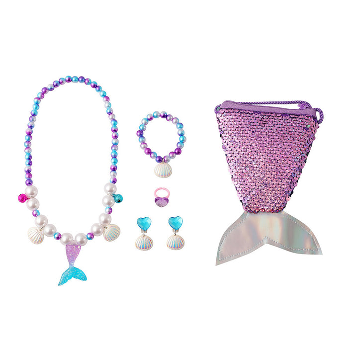 Wholesale Children' s new synthetic pearl jewelry set cute cartoon mermaid tail beaded necklace bracelet earring set
