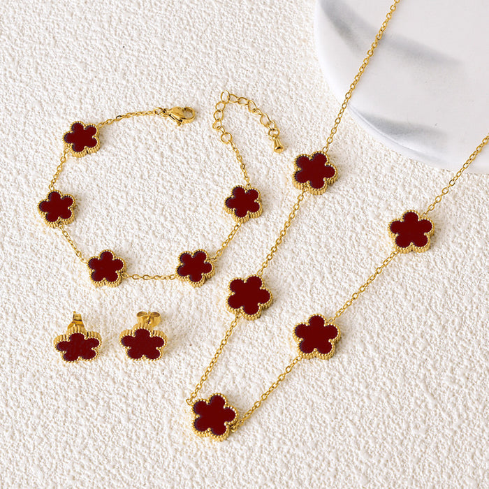 Wholesale Stainless Steel Five-Leaf Clover Bracelet Necklace Earring Set